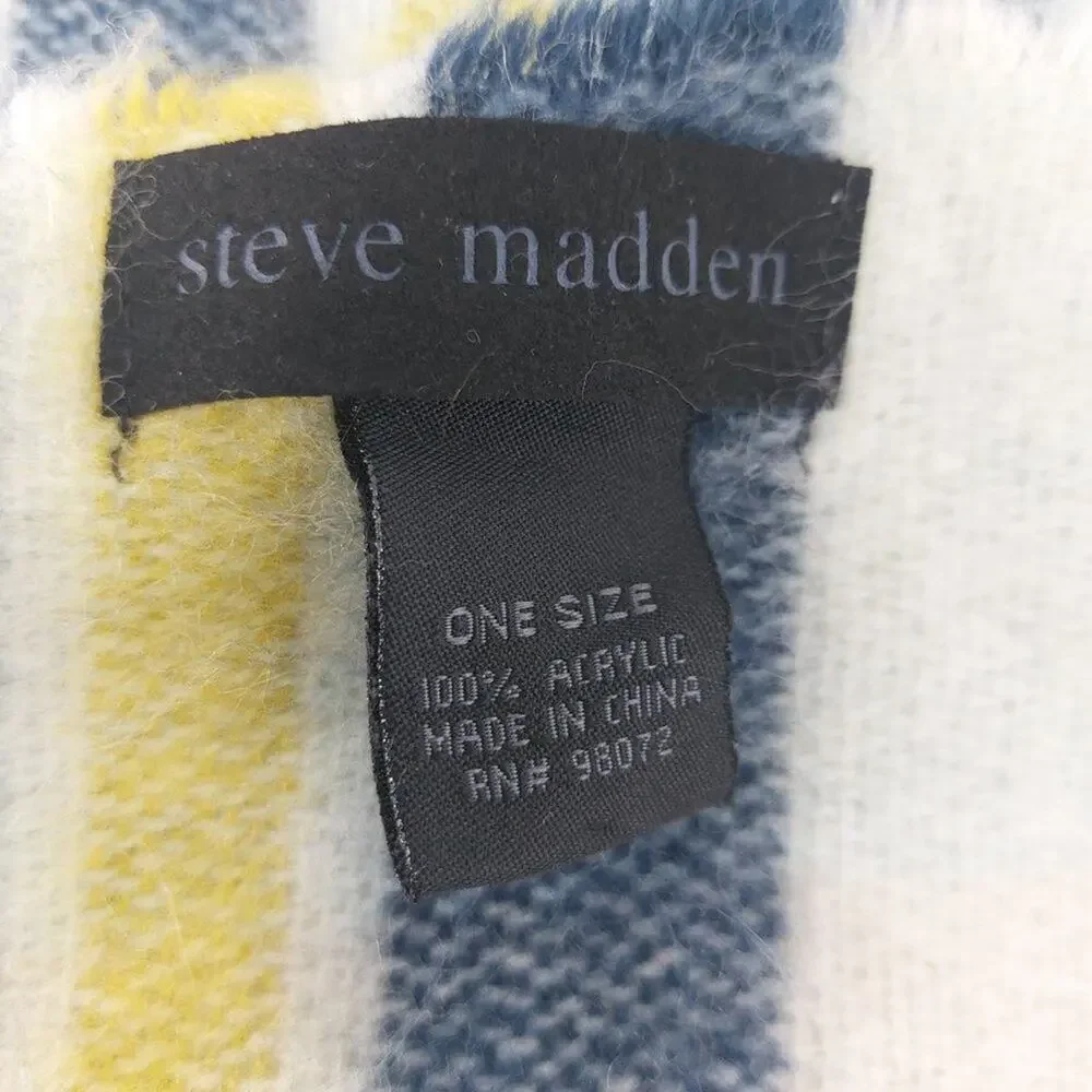Steve Madden Fuzzy Scarf with Tassels Blue Navy Blue Aqua Yellow - Picture 4 of 10